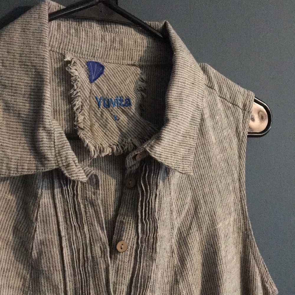 Yuvita 100% linen striped dress, pleated detail, very roomy/comfy with pockets